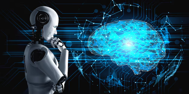 Robô olhando para cérebro de dados